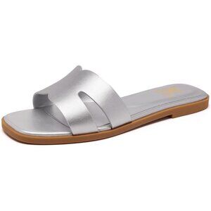 Women's Silver Square Slip On Open Toe Summer Beach Flat Slide Sandals